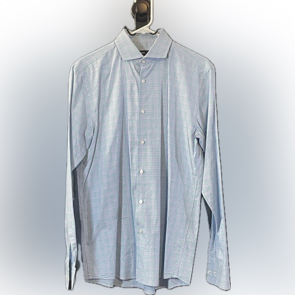Hugo Boss Dress Shirt Men’s  Light Blue Green Micro Check Cotton-15.5 34/35
